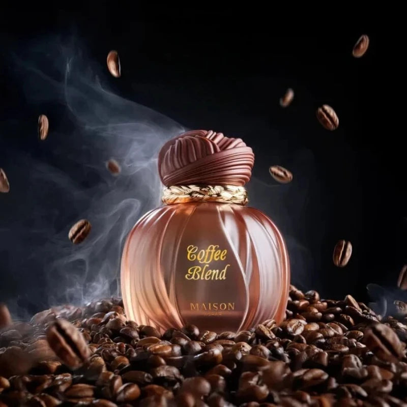 Maison Coffee Blend EDP: 100ml unisex oriental vanilla perfume, round ribbed bottle, coffee, almond, caramel, musk.