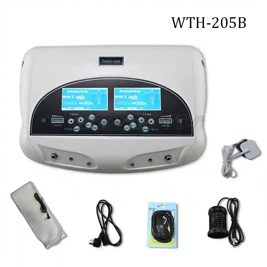 White dual ionic detox foot bath machine with digital display, TENS massage pads, and accessories for home spa use.