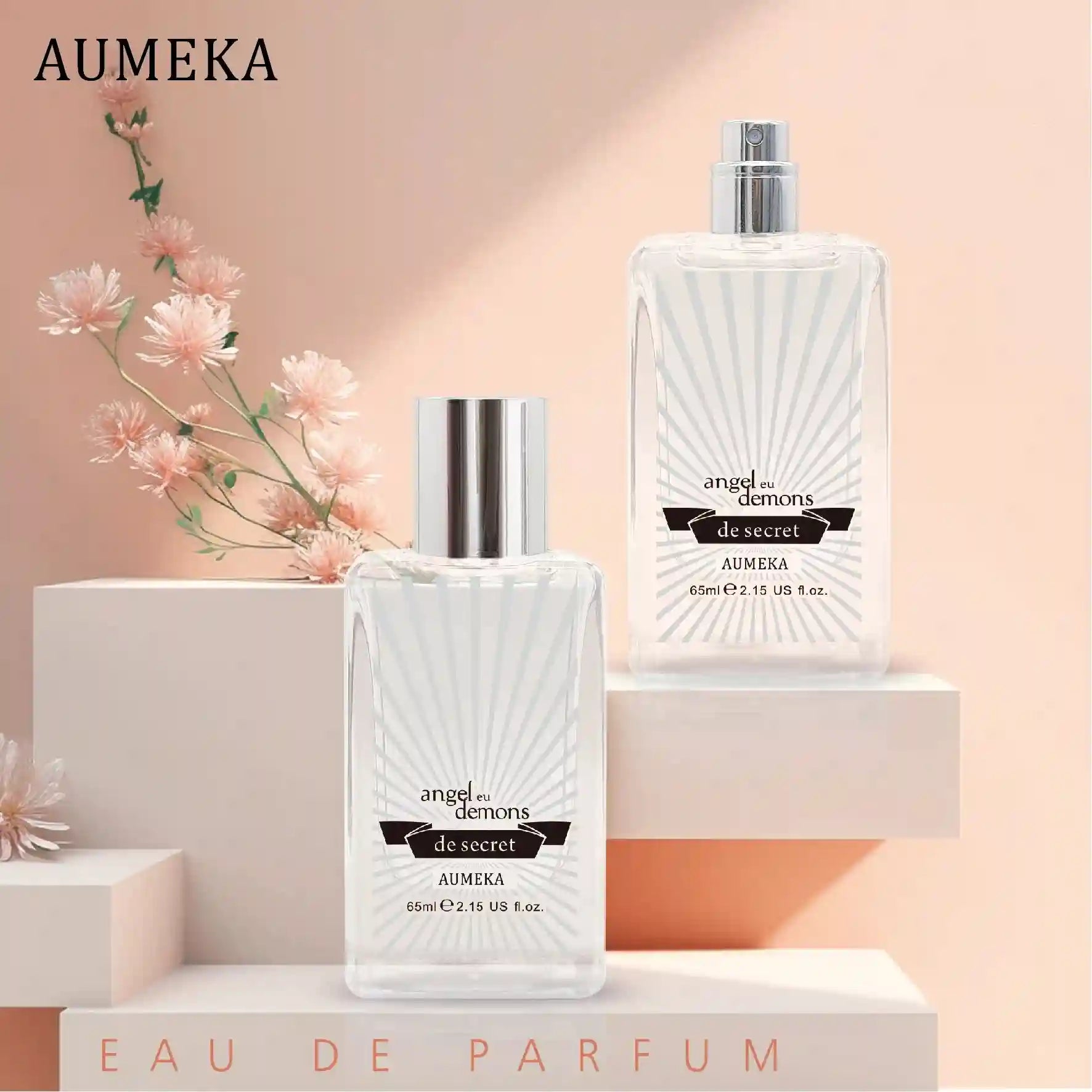 Aumeka Angel Eu Demons 65ml EDP: Long-lasting fruity floral women’s perfume in clear rectangular glass spray bottles.