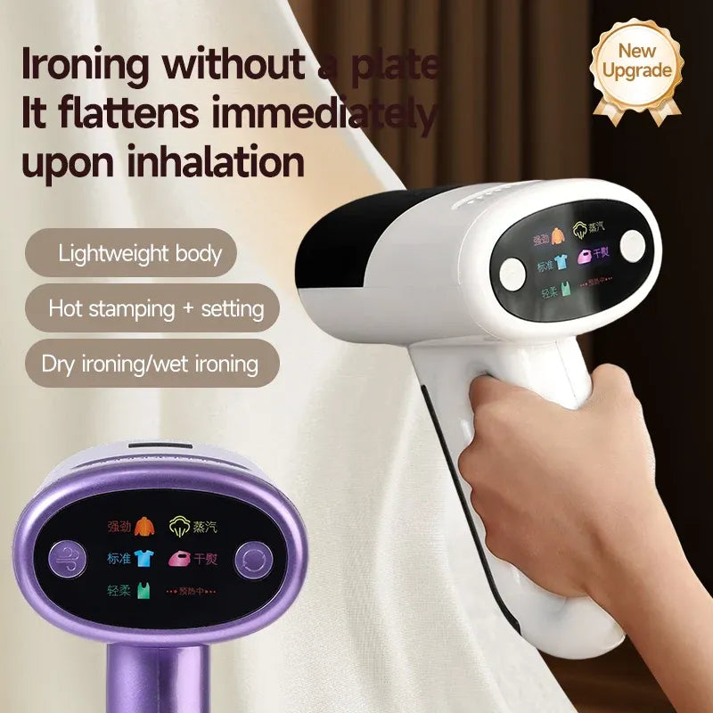 Handheld garment steamer for dry and wet ironing with digital display, lightweight body, and fast-acting suction flattening.