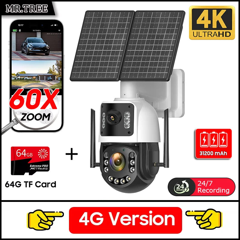 Metal AOV Solar Security Camera 4K 4G SIM 60X Optical Zoom Human  Tracking 31200 Mah 24 Hours Record Home Outdoor Surveillance
