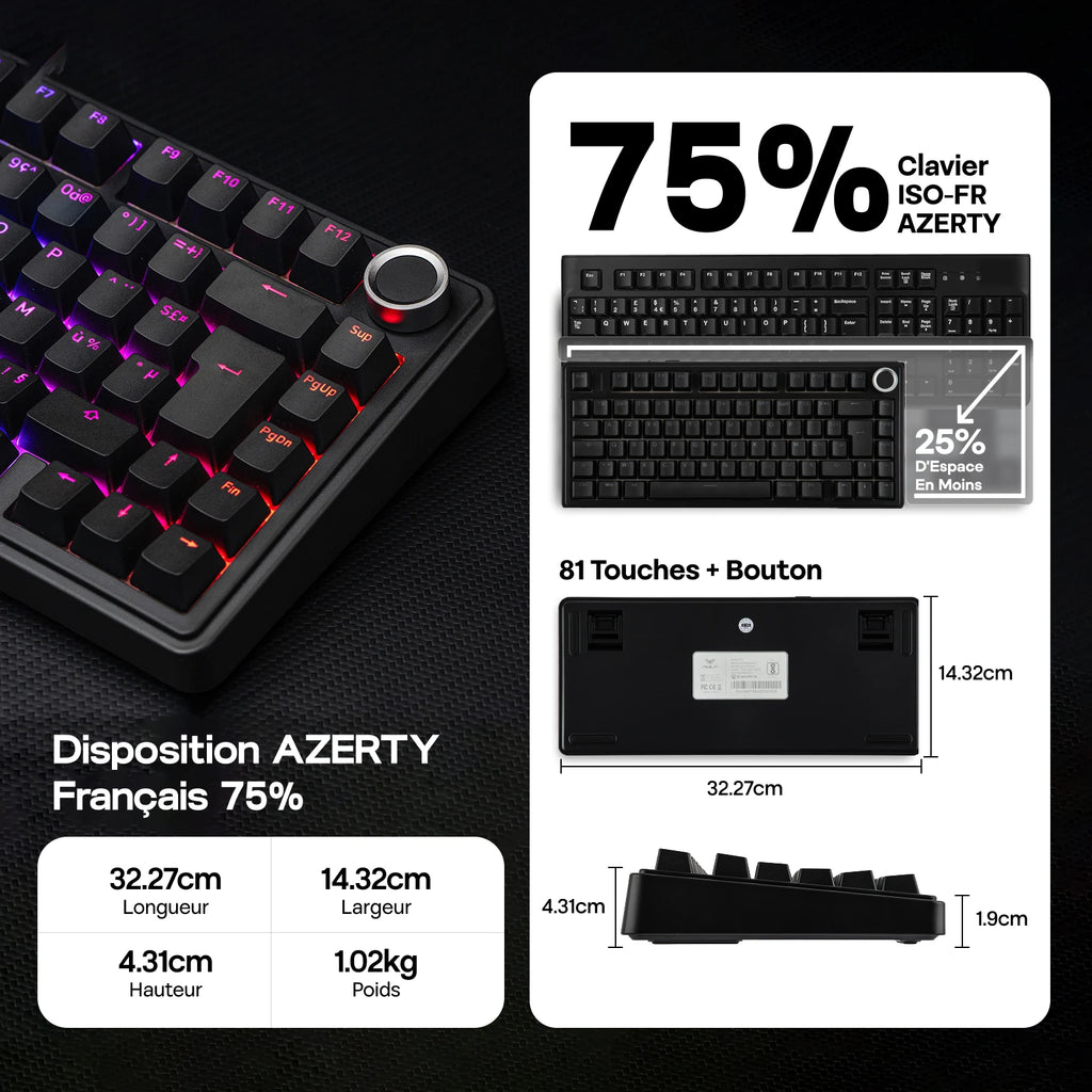 ISO-FR Layout AULA F75 75% AZERTY French Layout Wired/Bluetooth/2.4G Wireless Mechanical Gaming Keyboard RGB Backlighting 4000mAh Battery For Win/Mac