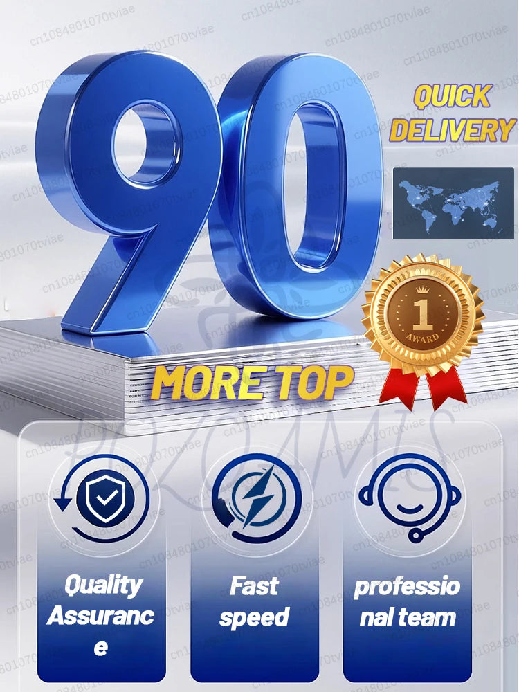 Large blue 3D number 90 on a stack of silver boxes with a gold award badge, shipping map, and service icons.