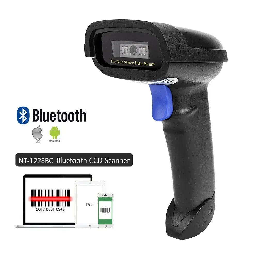 Handheld black Bluetooth barcode scanner with front scan window and blue side trigger