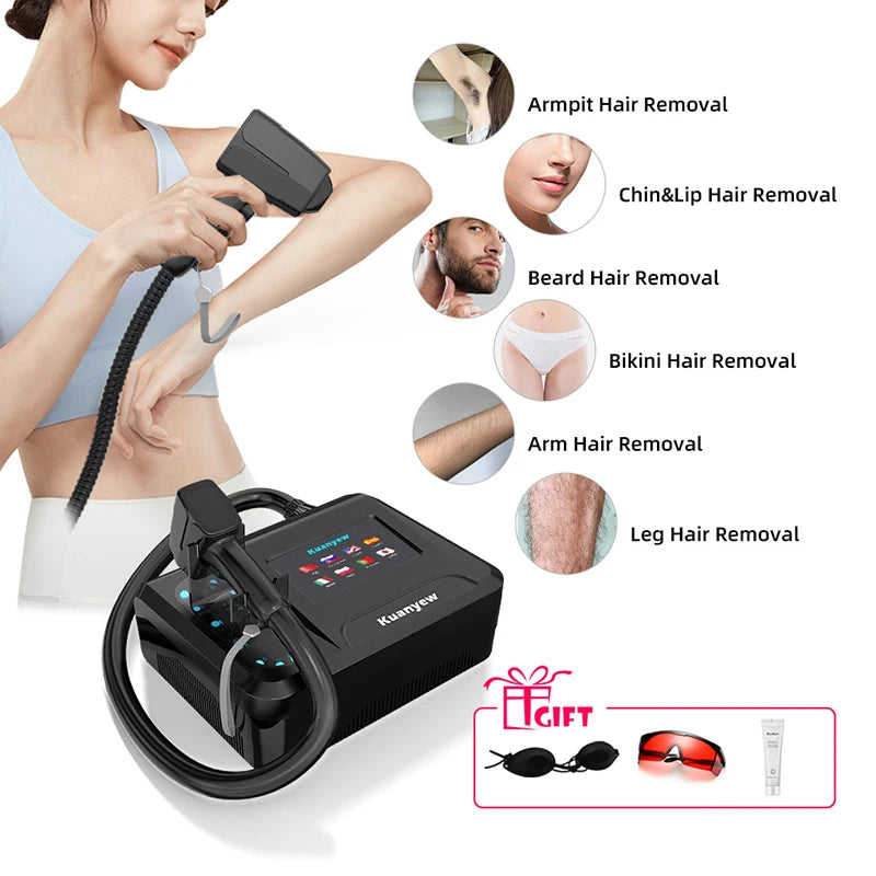 Black 808nm diode laser hair removal machine for painless full-body use, including skin rejuvenation and accessories.