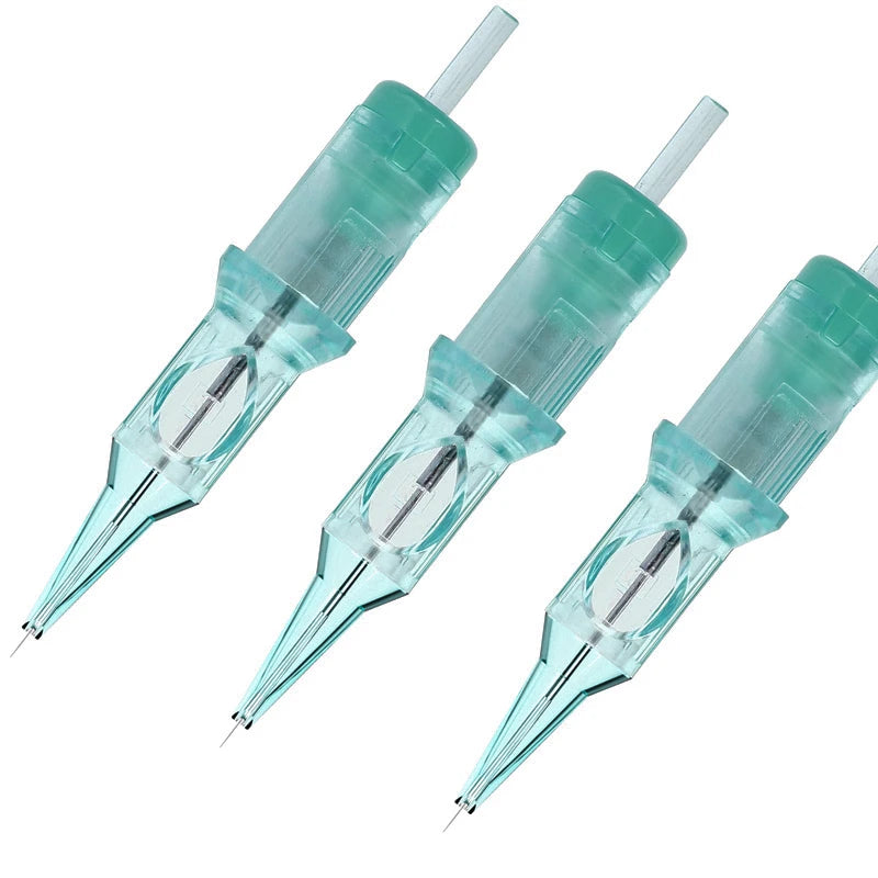 Green Viper PMU tattoo cartridge needles for lip makeup with transparent casing and precise metal tips.