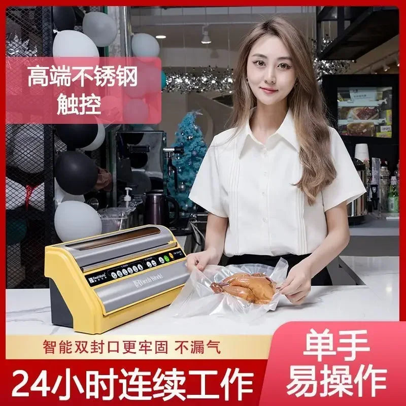 Automatic vacuum sealer on counter with vacuum-sealed food, yellow and black body.