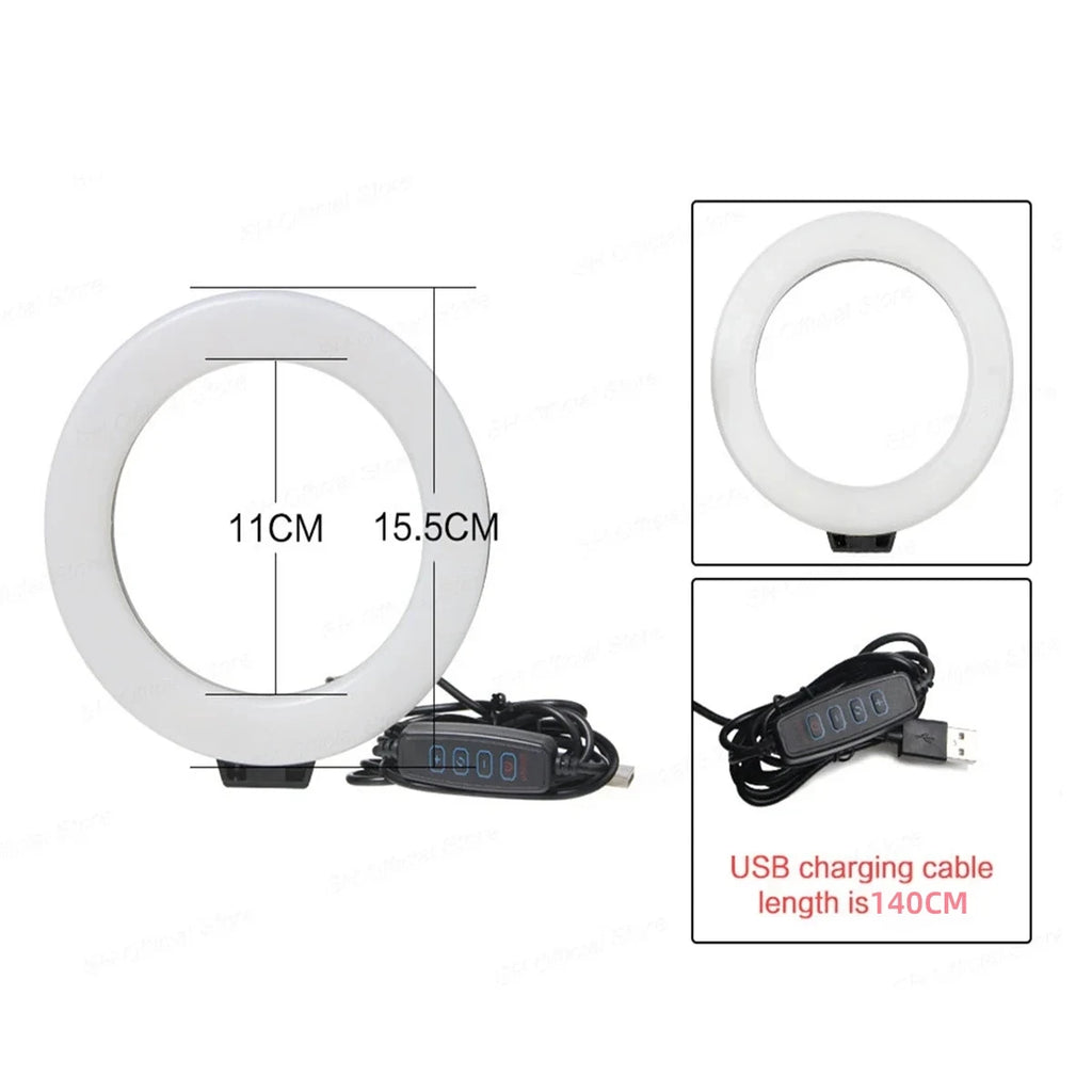 White LED ring light, 15.5cm diameter with 11cm inner opening, includes USB cable with remote for photography lighting.