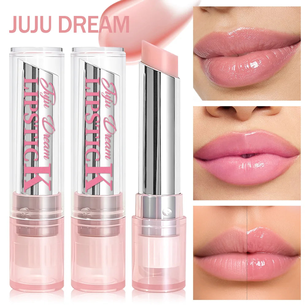 Pink color-changing lip balm in clear tubes for a hydrating, glossy finish on lips. Natural moisturizing lip makeup.