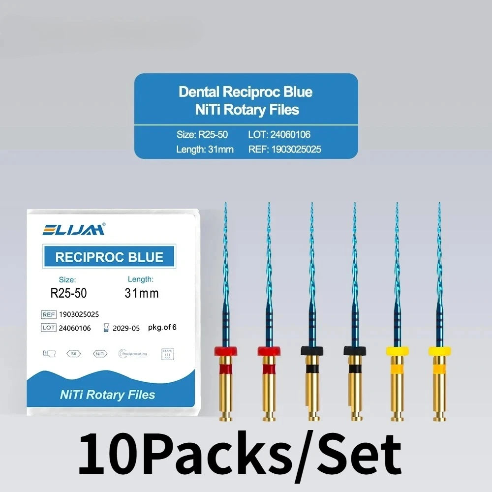 SYJH blue NiTi dental reciprocating rotary endodontic root canal files, 31mm size R25-50, 10-pack set for dentists.