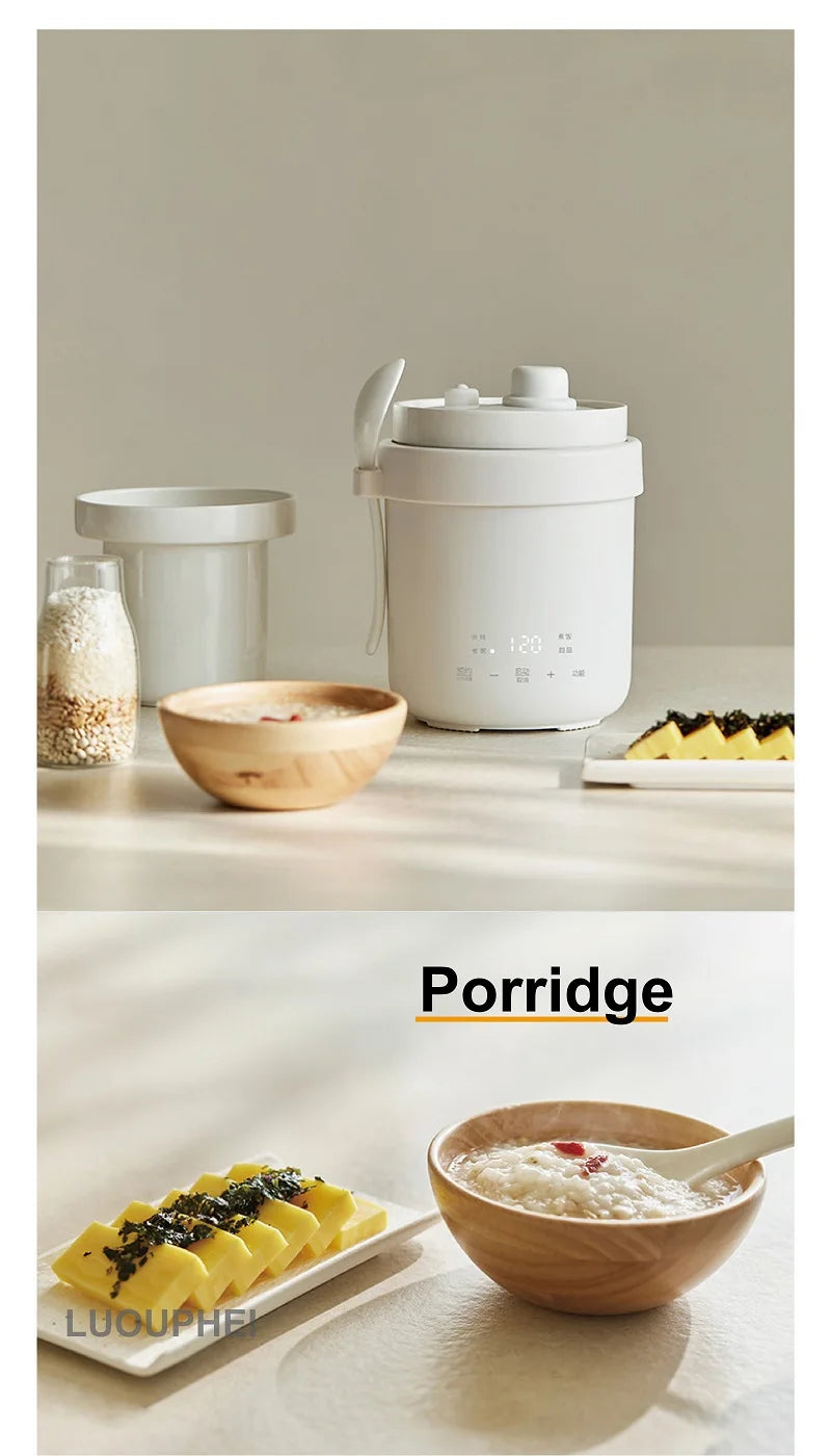 White countertop mini electric rice cooker with hinged lid and warming pot