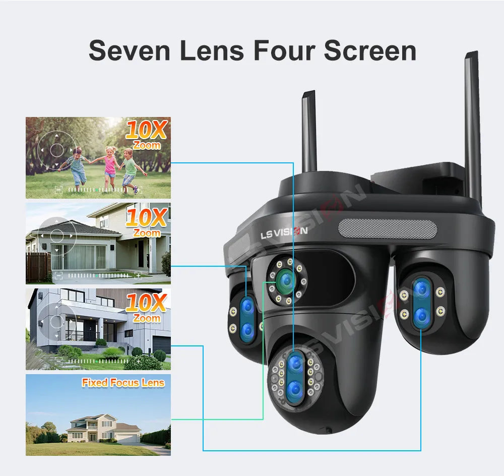 LS VISION 35MP WiFi IP Camera 7 Lens 10X Zoom Outdoor 3PTZ 360° Surveillance Security Camera Smart Home Ai Tracking CCTV Cam