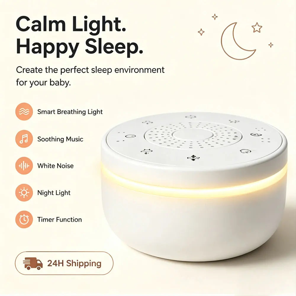 White noise machine for baby sleep in white, featuring a round design with top control buttons and ambient night light.