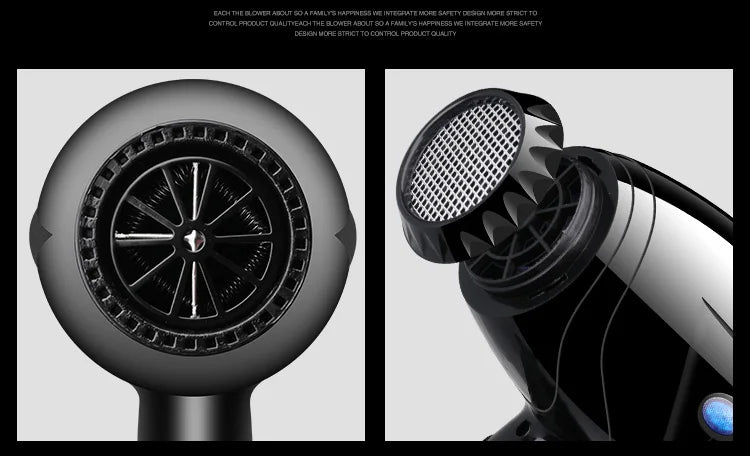 Black 1800W professional hair dryer with detachable air filter, sleek design, and hot/cold air adjustment settings.