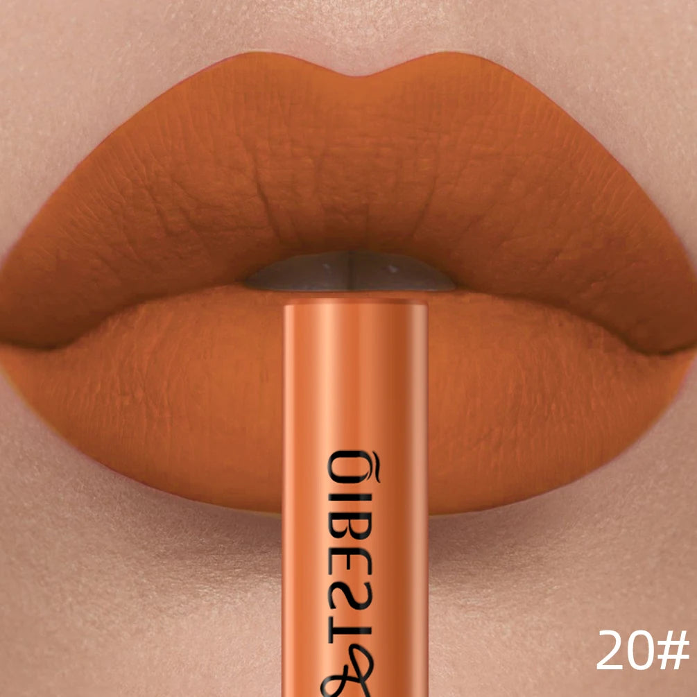 Long-lasting matte liquid lipstick in orange-nude, velvet texture, nonstick, waterproof formula, shade 20#.