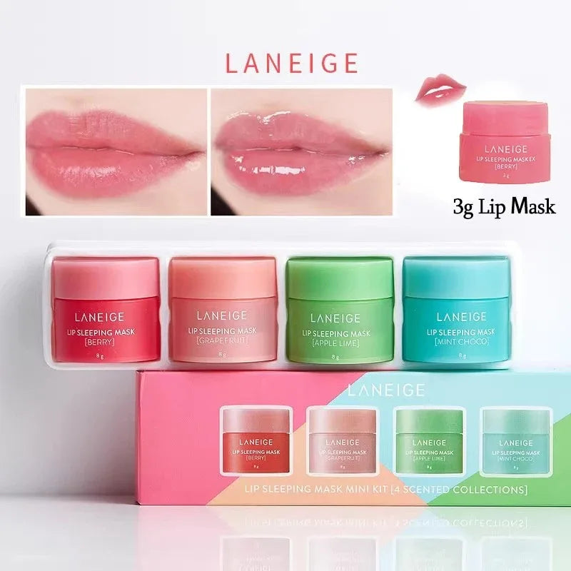 Laneige Lip Sleeping Mask Mini Kit features 4 moisturizing, glossy tinted lip balms in berry, citrus, and mint scents.