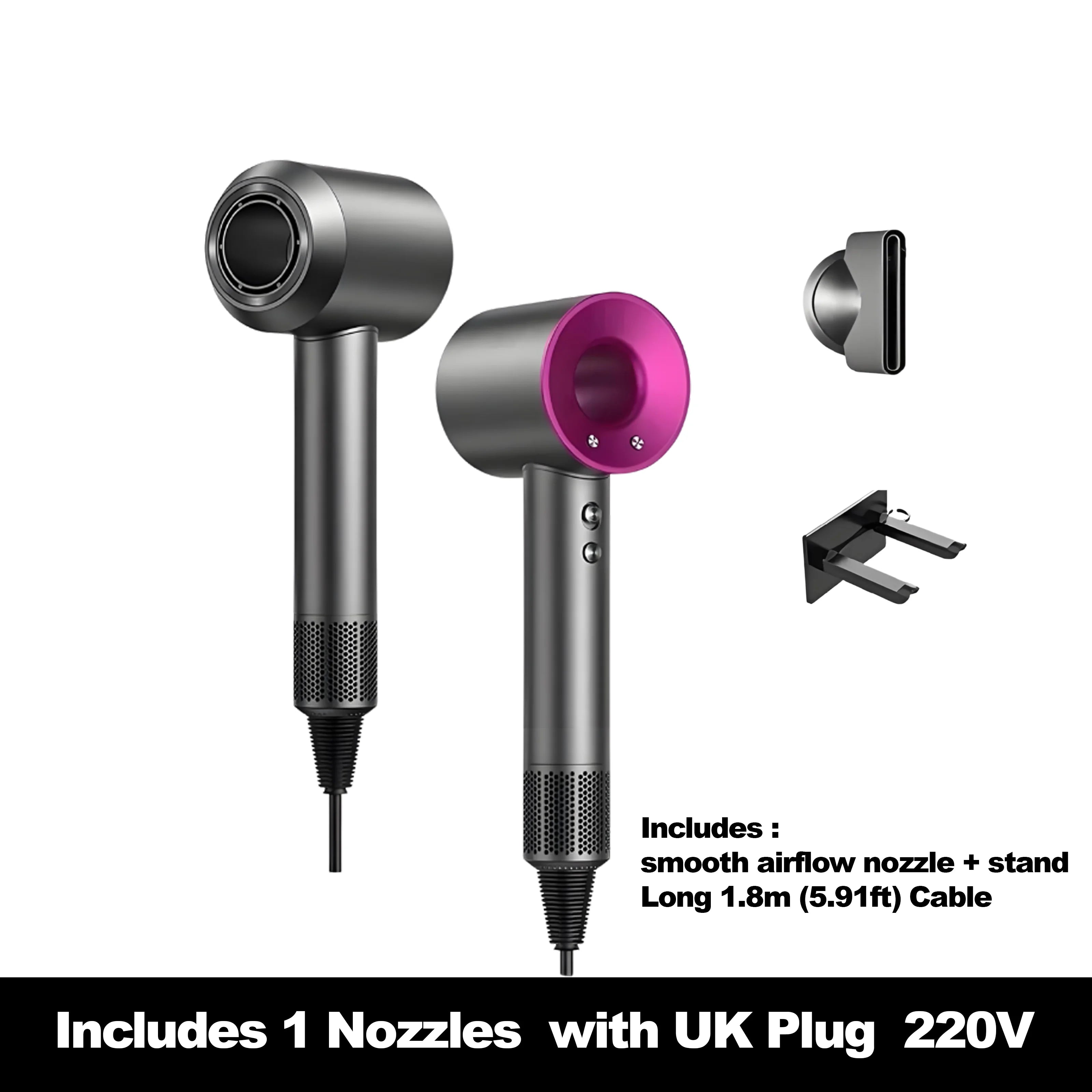 Grey and pink high-speed ionic hair dryer with nozzle attachment and wall stand, featuring intelligent heat control.