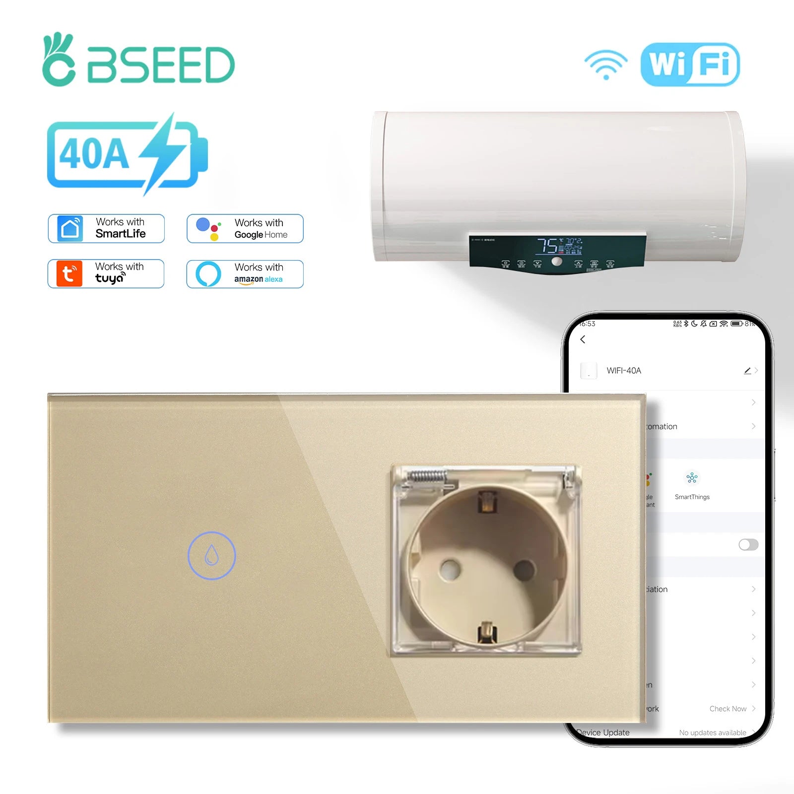 Tidesmit BSEED Matter compatible smart WiFi water heater switch with 40A power for remote boiler control.
