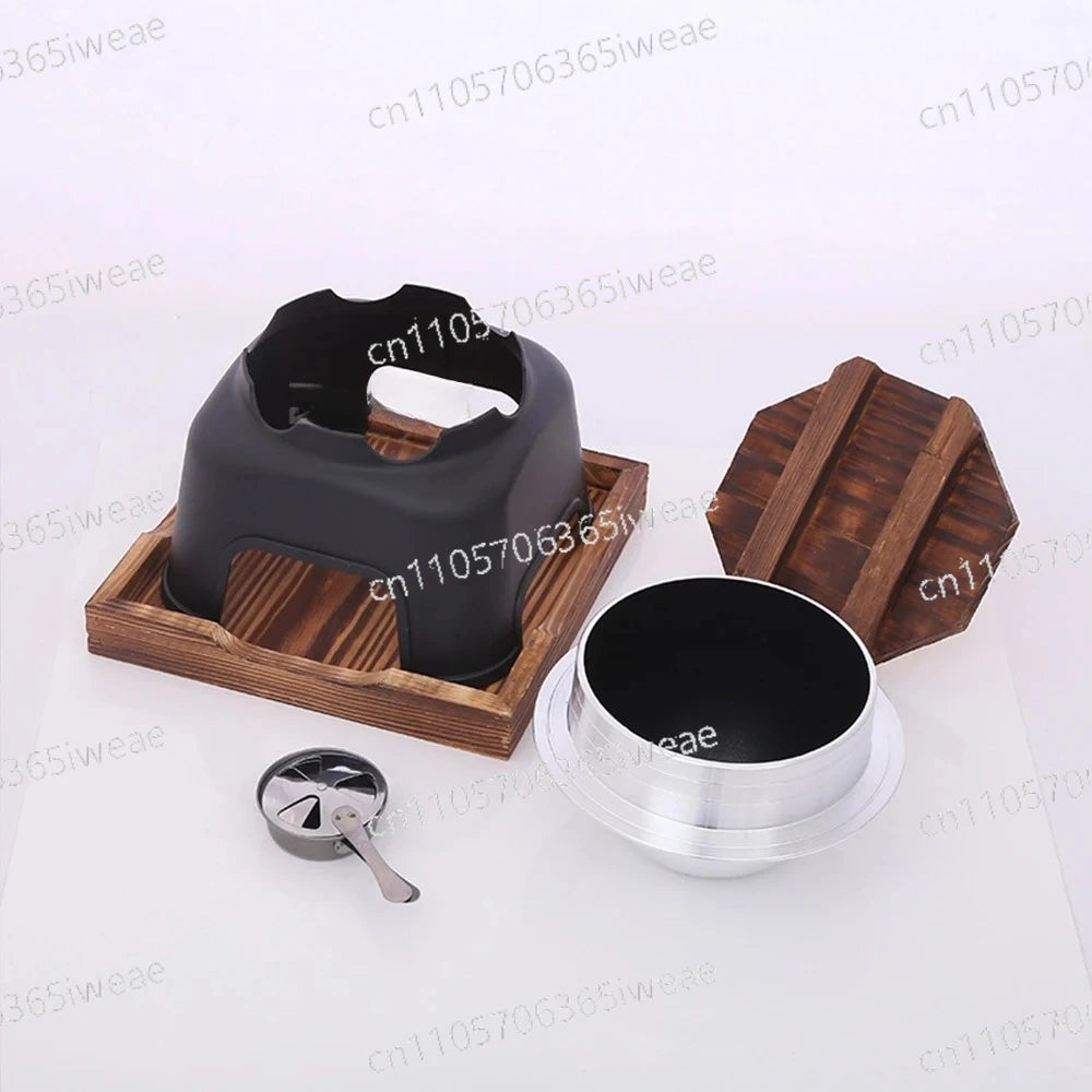 Portable smart multi-cooker with black body, silver inner pot, and wood stand base