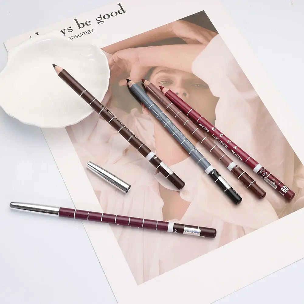 Professional waterproof wood lip liner pencils in assorted matte shades for long-lasting makeup application.