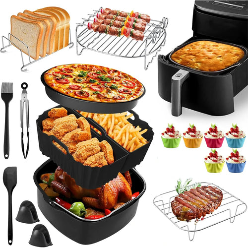 Air fryer accessory set: pizza pan, grill rack, toast rack, silicone liners and tools, black.