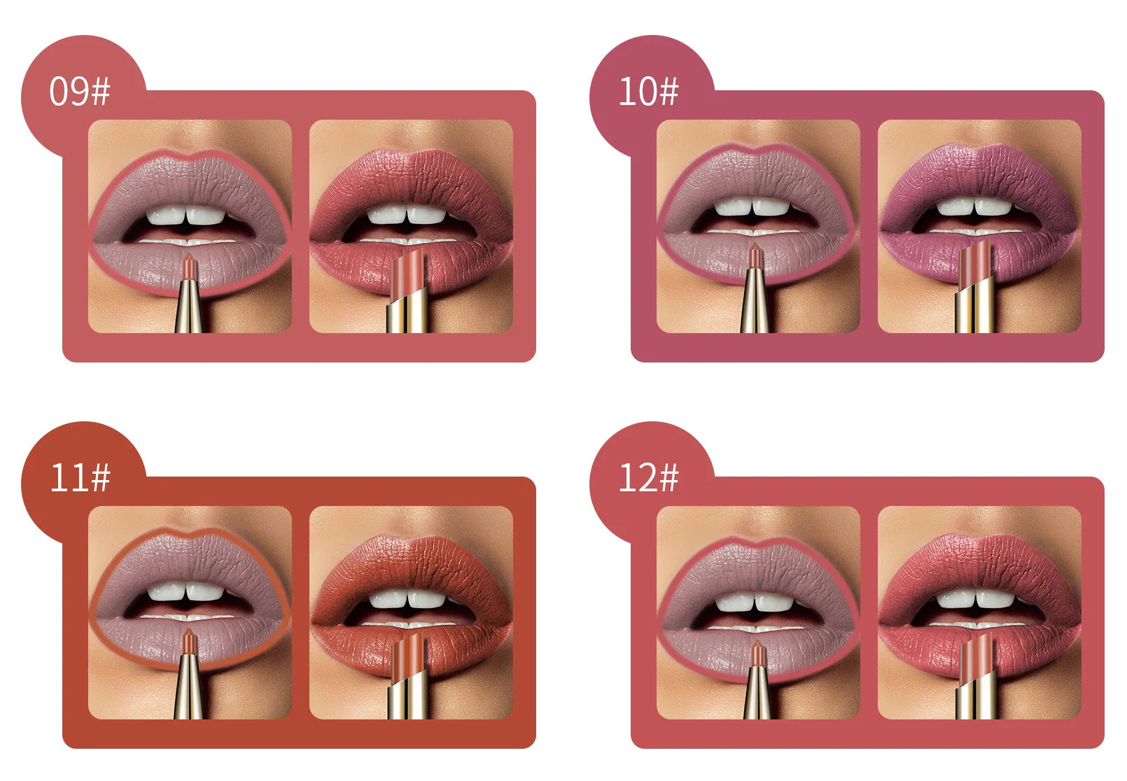 2-in-1 waterproof matte lipstick and lip liner pencil set in assorted nude and red long-lasting shades for lip makeup.