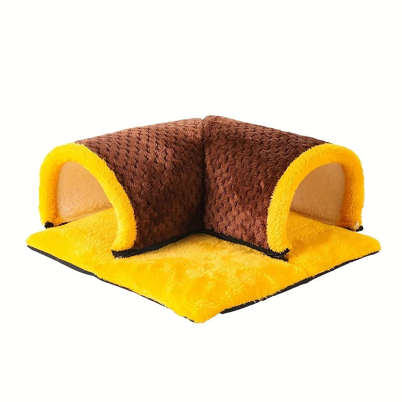 L-shaped fleece guinea pig tunnel bed in brown and bright yellow with soft, plush textured fabric.