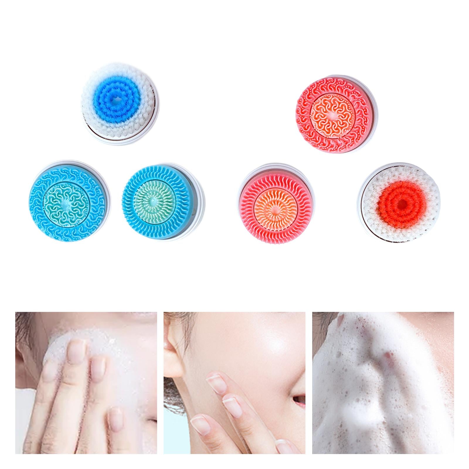 Six round, colorful facial cleansing brush heads with different textured designs, shown with close-ups of face washing.