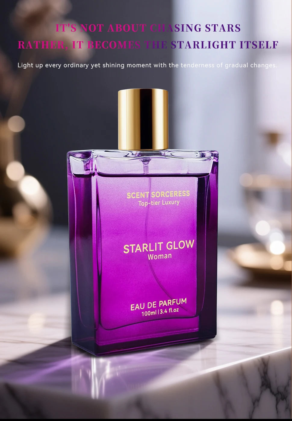 Scent Sorceress Starlit Glow EDP 100ml: Luxury purple glass bottle perfume for women. Fresh floral fragrance spray.