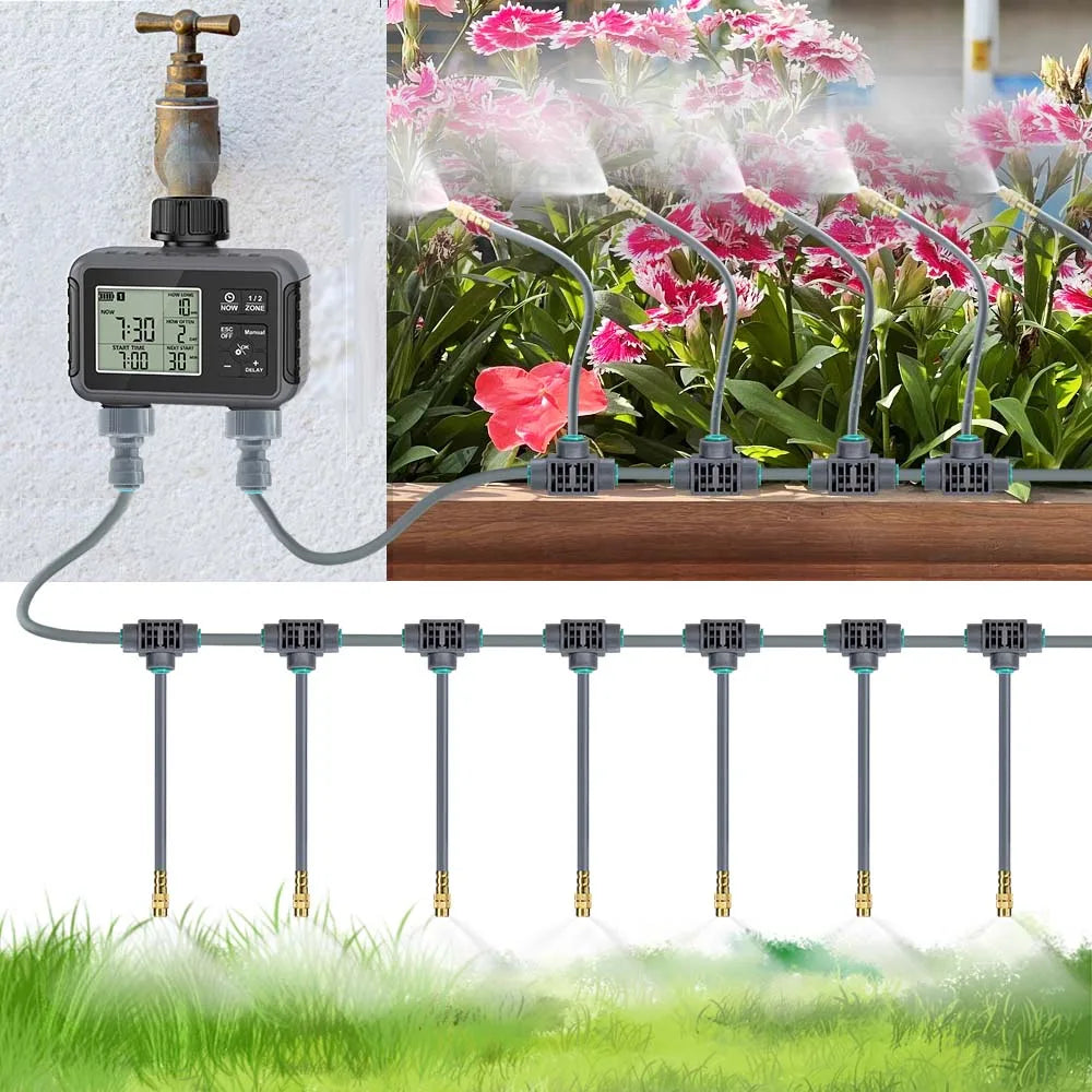 LCD watering timer feeding multiple mist nozzles for flower beds and plants