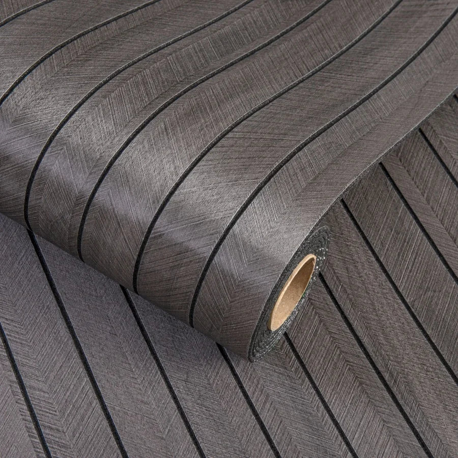 Self-adhesive 3D wall sticker roll with dark gray textured stripes and black borders