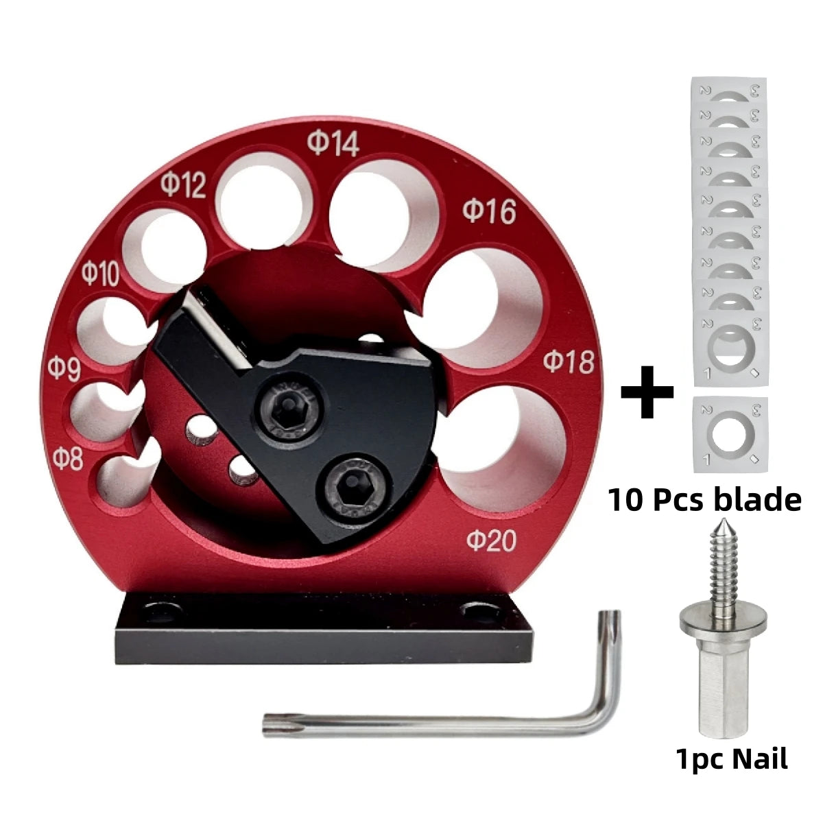 8-hole dowel maker jig kit with red wheel, black cutter head, L hex wrench, 10 blades and nail