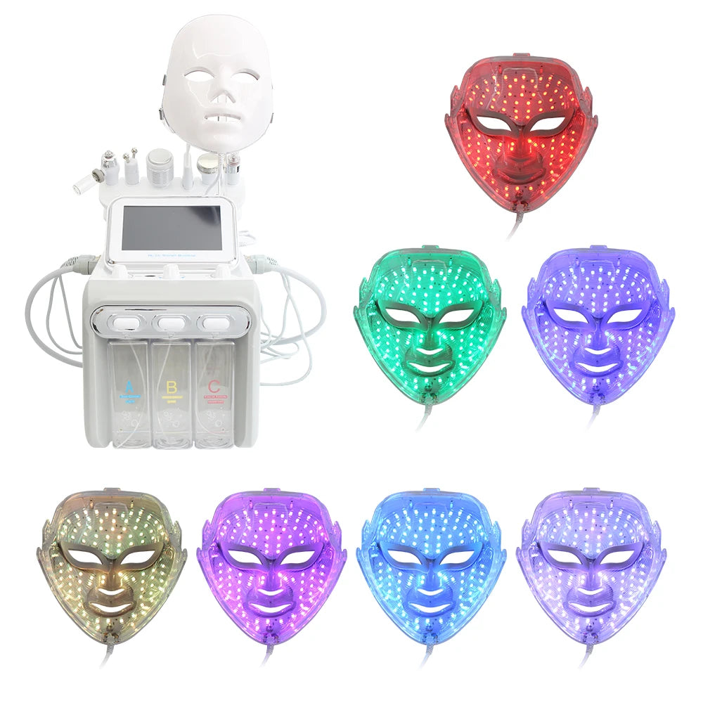 AOKO 7-in-1 hydro dermabrasion facial machine with LED light therapy masks for professional skin rejuvenation spa care.