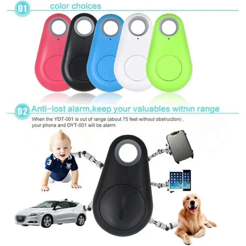 Colorful Bluetooth mini GPS pet trackers for collars, keys, and bags with anti-lost alarm and smart phone app locator.
