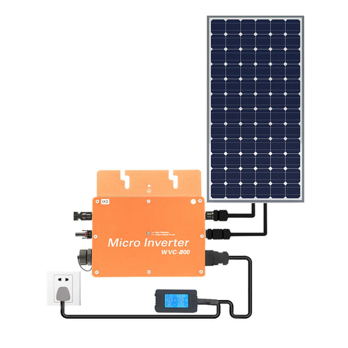 Orange 800W micro inverter connected to a solar panel, power monitor, and electrical outlet on a white background.
