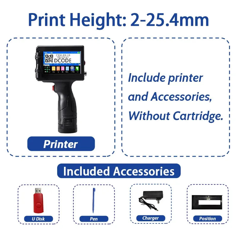 Handheld inkjet date coding printer with screen, kit accessories shown (no cartridge)