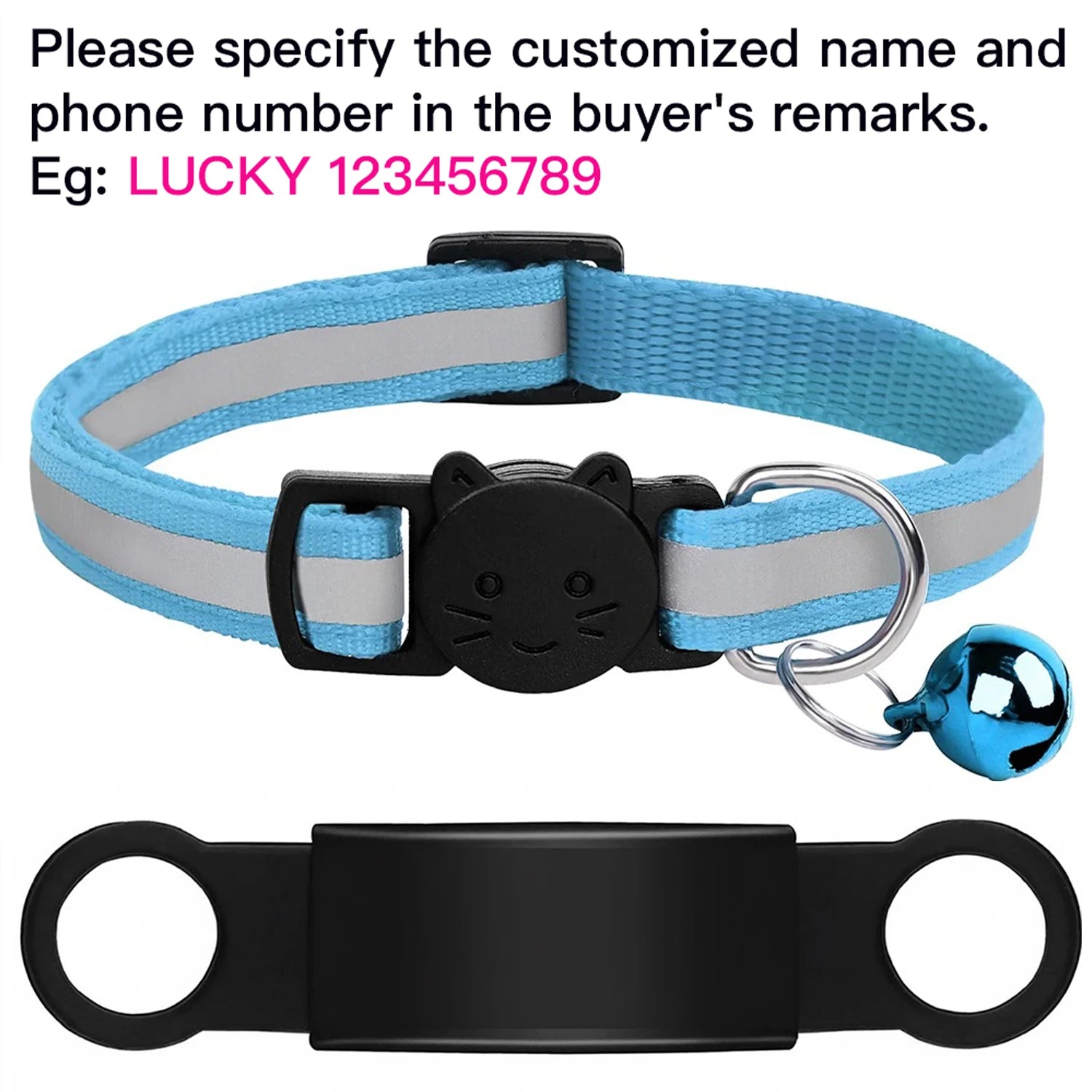Blue reflective cat collar with personalized nameplate, safety bell, and anti-lost ID for safe puppy and kitten wear.