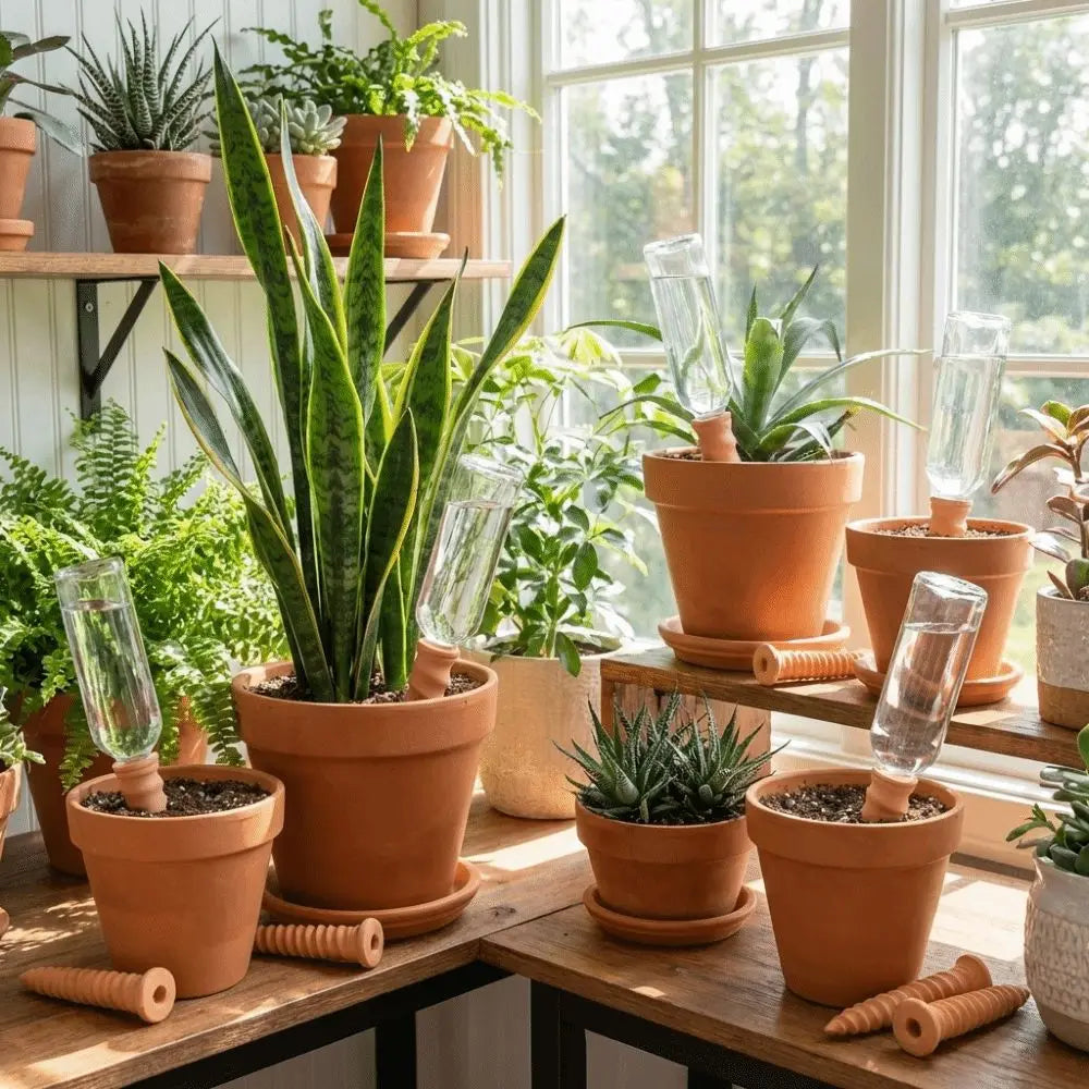 Self-watering terracotta irrigation stakes with clear tubes in several pots on a shelf