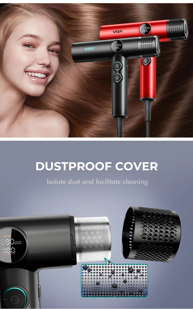 VGR V-401 110k RPM professional hair dryer, black & red, digital display, easy-clean magnetic dustproof cover.