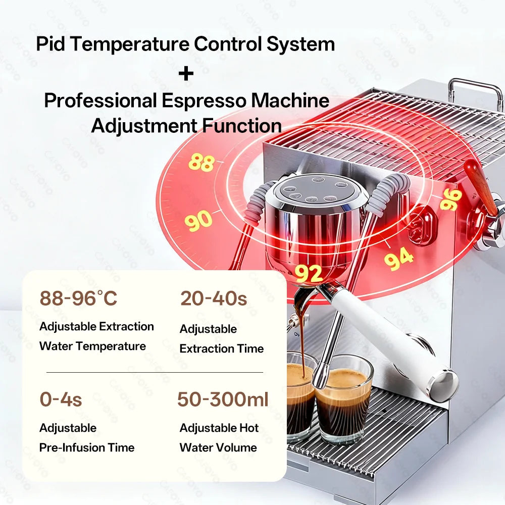 Cafovo stainless steel espresso machine with PID temperature control and adjustable extraction settings.