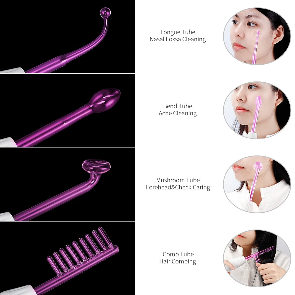Four purple glass electrodes for high-frequency skincare: tongue, bend, mushroom, and comb tubes for facial treatment.