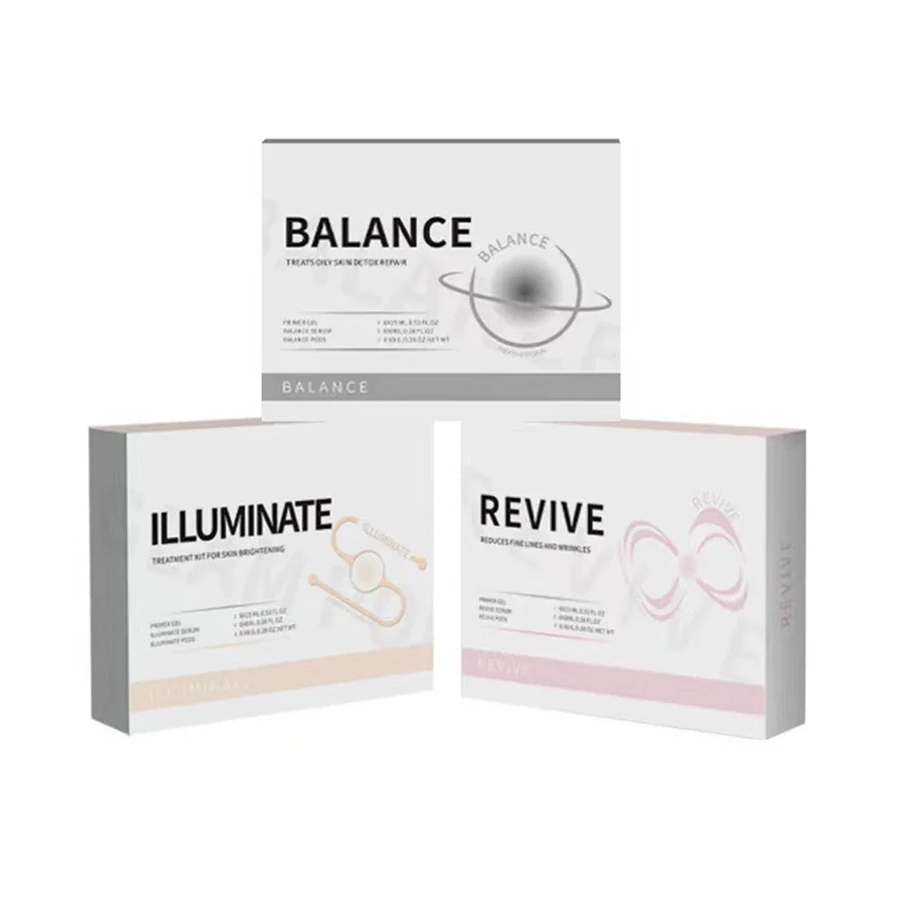 Three square skincare boxes labeled Balance, Illuminate, and Revive with product graphics against a white background.