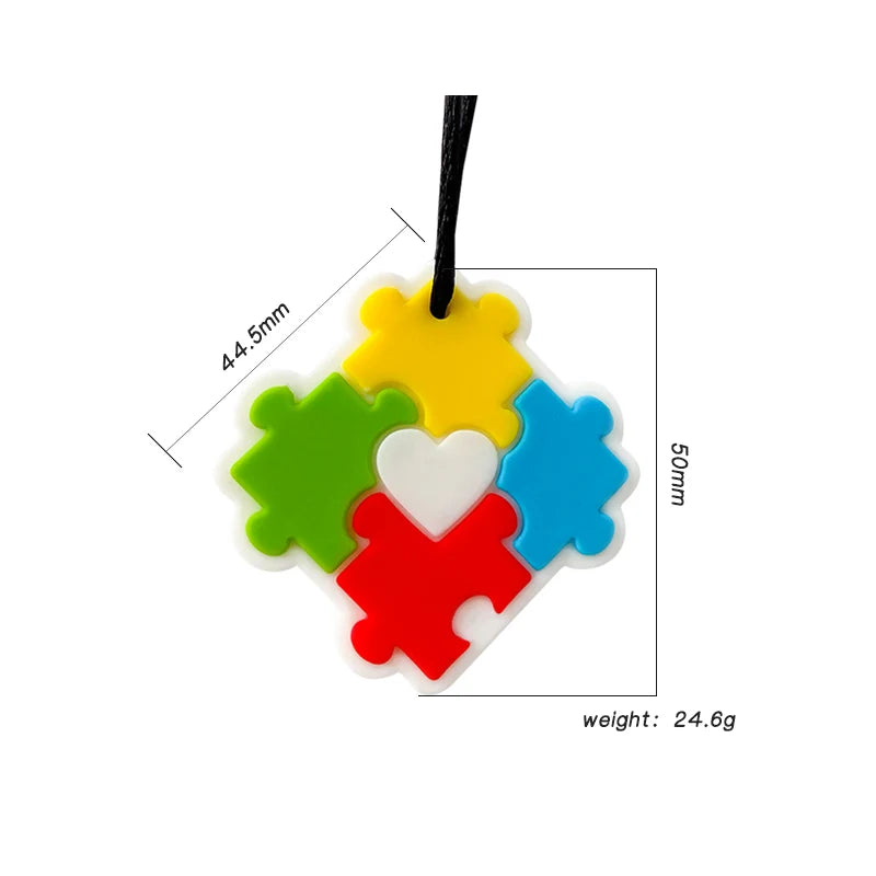 Colorful puzzle-shaped silicone teething toy for baby teething relief.