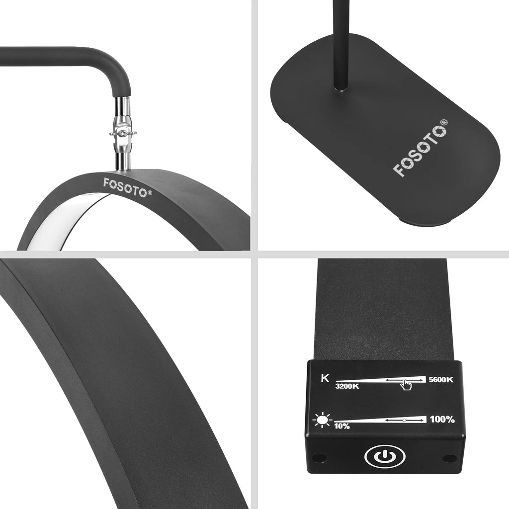 Matte black adjustable LED ring light with oval base and touch-sensitive color temperature and brightness controls.