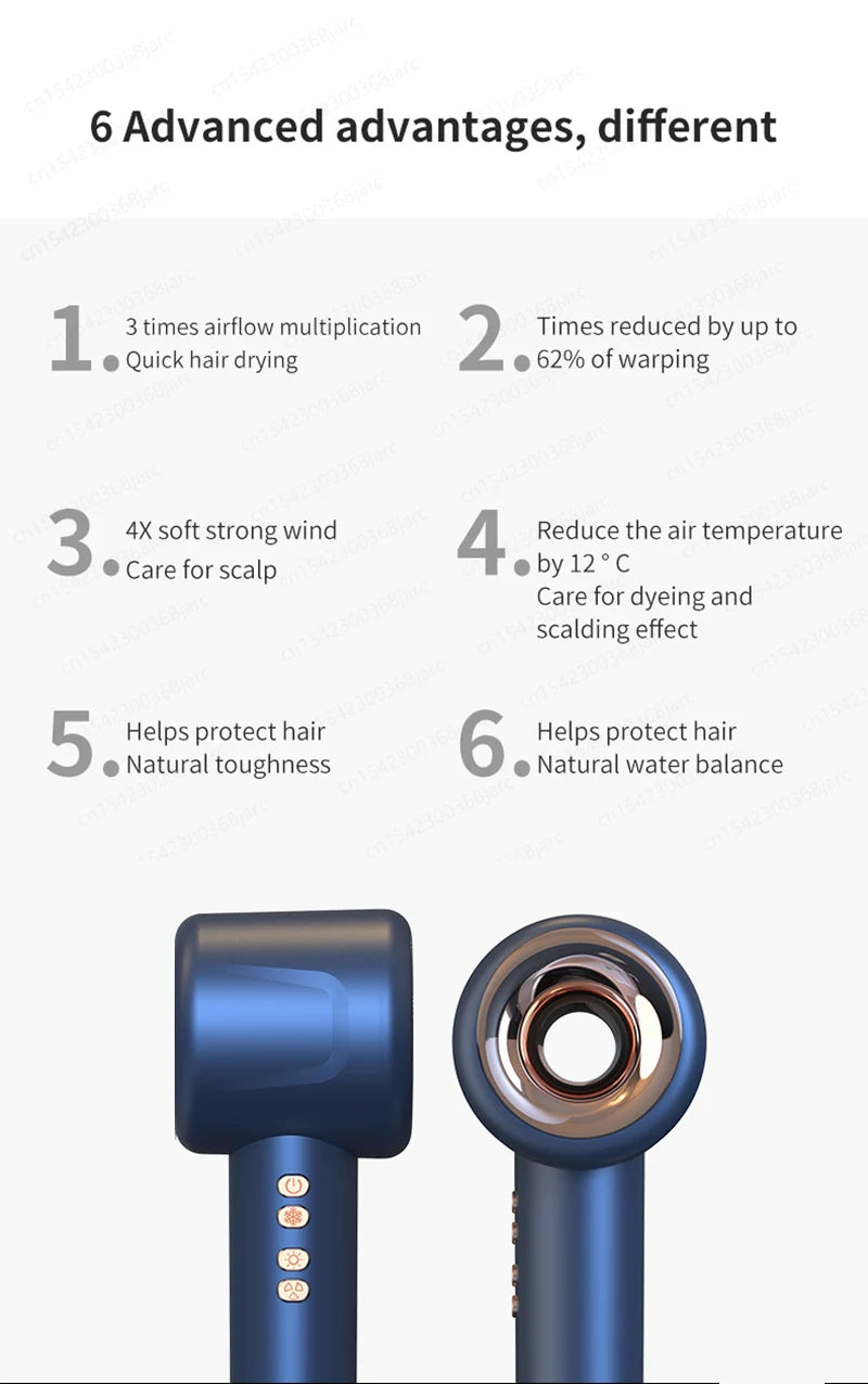 Blue professional ionic leafless hair dryer featuring fast-drying tech and temperature control for hair protection.