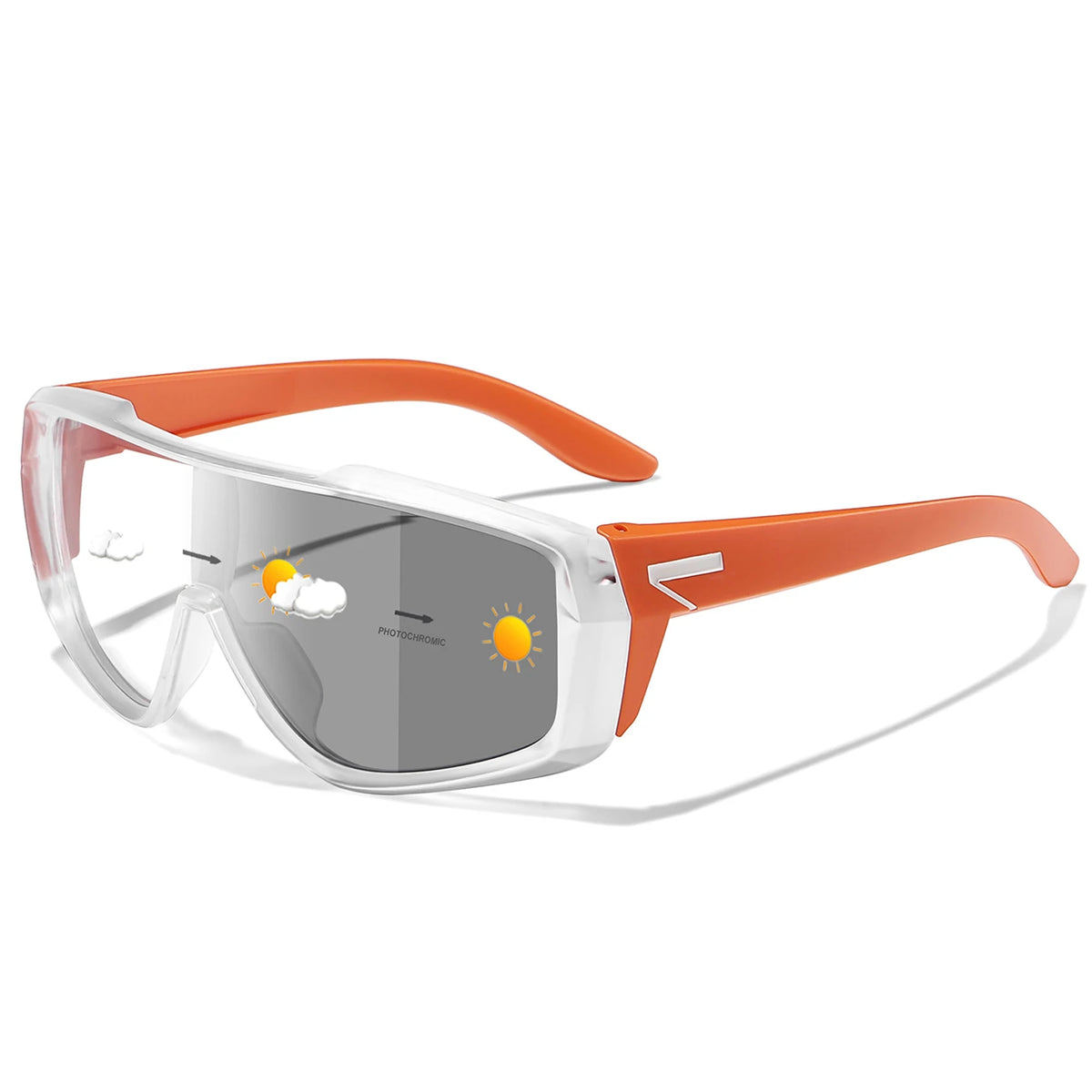 Photochromic cycling sunglasses, orange frame with gray lenses and protective wrap design.