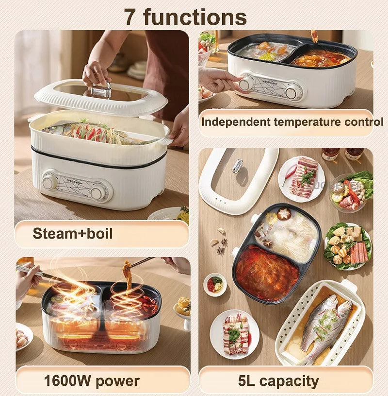 White dual-heating electric cooking pot with steamer lid and non-stick inner pans