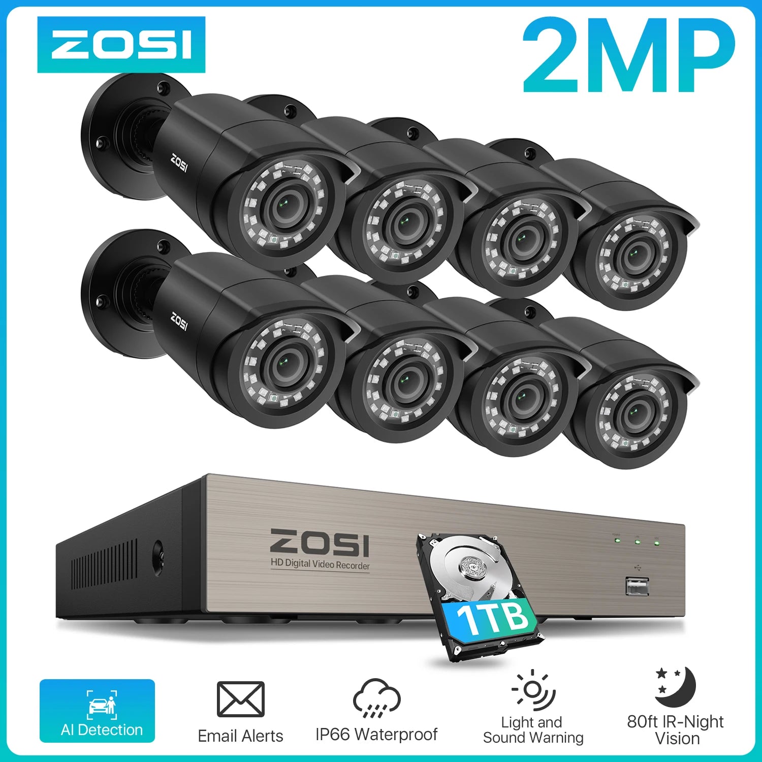 ZOSI 8CH CCTV System H.265+ 5MP Lite HD-TVI DVR kit 8 1080p 2MP Home Security Outdoor Night Vision Camera Video Surveillance Kit