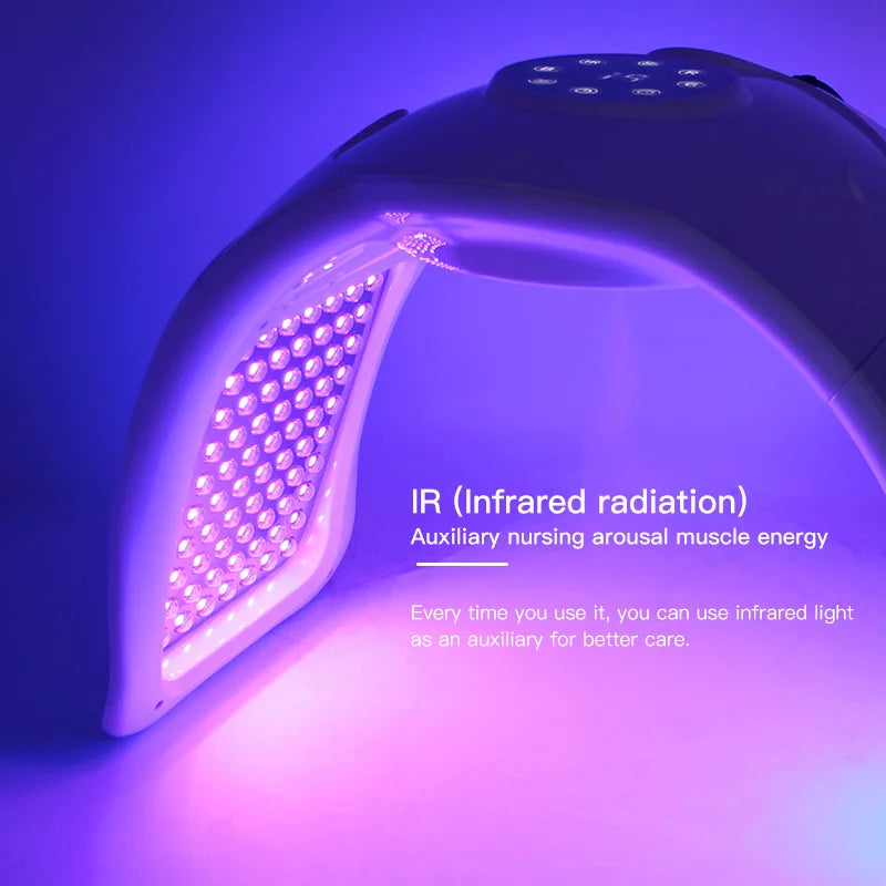 White PDT LED face mask for home skin therapy emitting purple infrared light for facial rejuvenation and care.