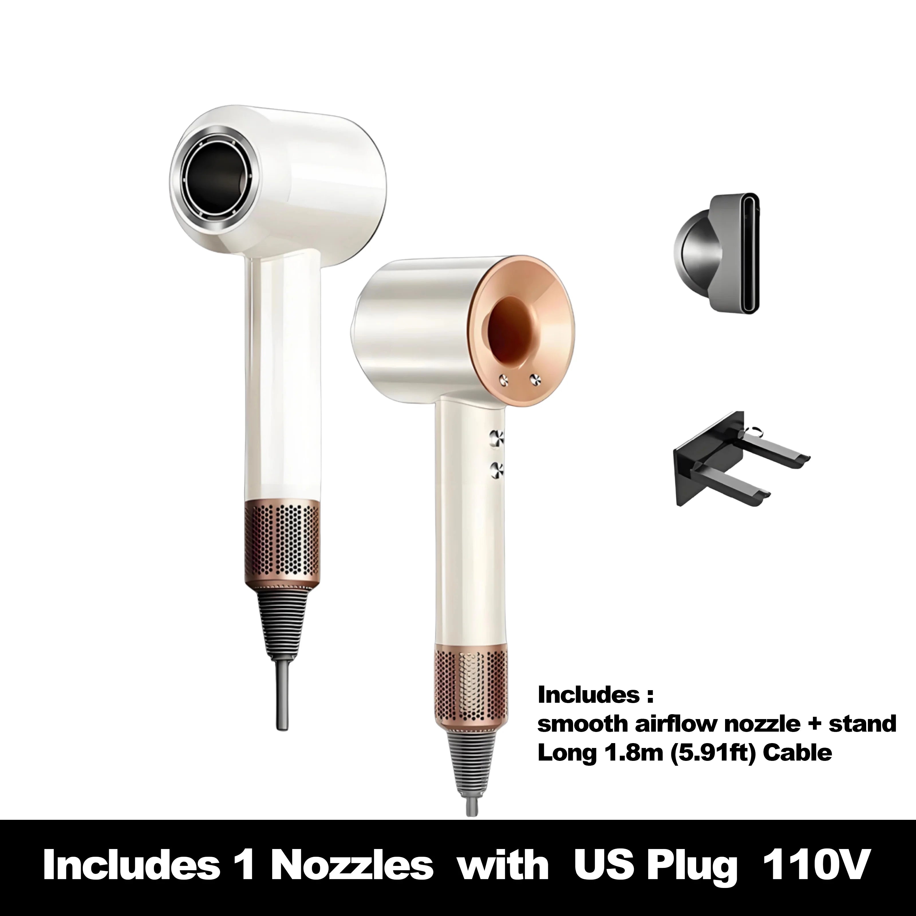 White and gold high-speed hair dryer with negative ions, nozzle attachment, and stand for professional styling.